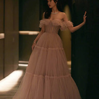 Pink tulle long prom dress A line evening dress - Thumbnail 2