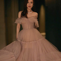 Pink tulle long prom dress A line evening dress - Thumbnail 3