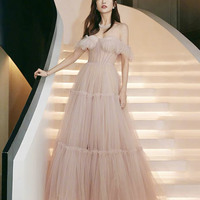 Pink tulle long prom dress A line evening dress - Thumbnail 4