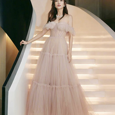 Pink tulle long prom dress a line evening dress - Thumbnail 2