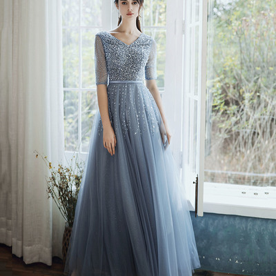 Blue tulle beads long prom dress a line evening gown - Thumbnail 3