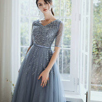 Blue tulle beads long prom dress A line evening gown - Thumbnail 2
