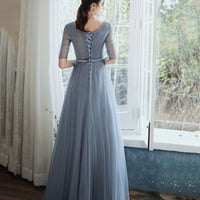Blue tulle beads long prom dress A line evening gown - Thumbnail 4