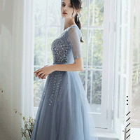 Blue tulle beads long prom dress A line evening gown - Thumbnail 5