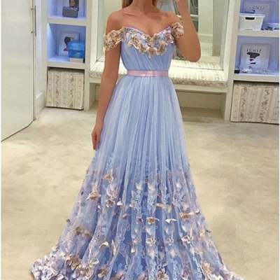 Sp1958,off-the-shoulder tulle butterfly appliques long prom dresses  - Thumbnail 3