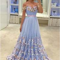 SP1958,Off-the-Shoulder Tulle Butterfly Appliques Long Prom Dresses  - Thumbnail 1