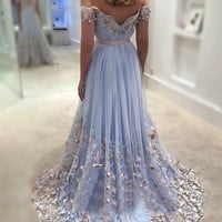 SP1958,Off-the-Shoulder Tulle Butterfly Appliques Long Prom Dresses  - Thumbnail 2