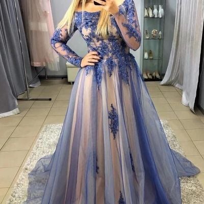 Sp1959,a-line long sleeves blue long prom dresses with appliques - Thumbnail 2
