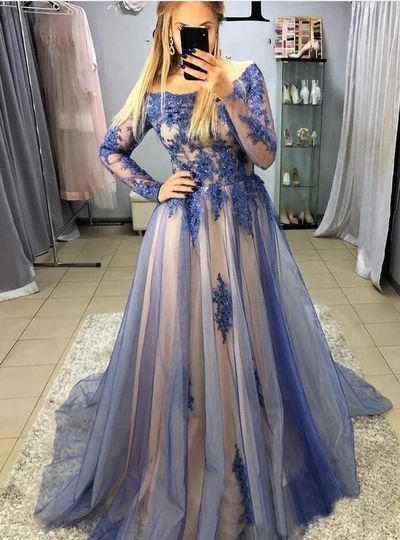 SP1959,A-Line Long Sleeves Blue Long Prom Dresses with Appliques