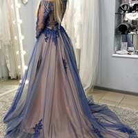 SP1959,A-Line Long Sleeves Blue Long Prom Dresses with Appliques - Thumbnail 1