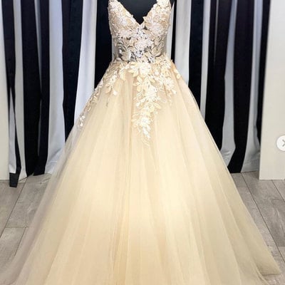 Sp1960,champagne v neck tulle lace long prom dress beaded applique evening dress