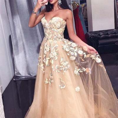 Sp1961,sweetheart tulle long prom dress with floral appliques - Thumbnail 2
