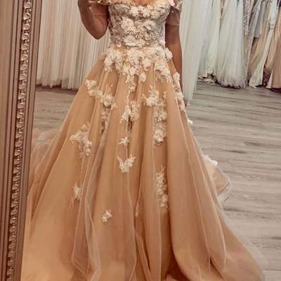 Sp1962,off shoulder tulle long prom evening dresses 3d flowers appliques - Thumbnail 1