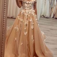 SP1962,Off Shoulder Tulle Long Prom Evening Dresses 3D Flowers Appliques - Thumbnail 1