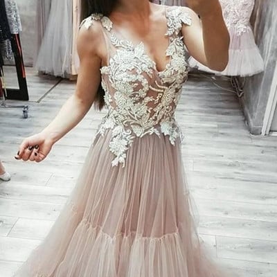 Sp1963,a-line v-neck prom dresses with appliques tulle formal dress