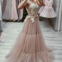 SP1963,A-line V-neck Prom Dresses With Appliques Tulle Formal Dress - Thumbnail 1