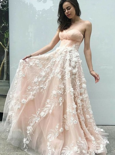 SP1964,Elegant Sweetheart Blush Pink Tulle Long Prom Dresses with Appliques