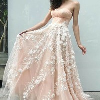 SP1964,Elegant Sweetheart Blush Pink Tulle Long Prom Dresses with Appliques - Thumbnail 1