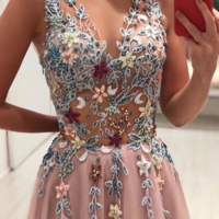 SP1965,Princess V-neck Floral Beaded Appliques Pink Chiffon Long Prom Dress - Thumbnail 1