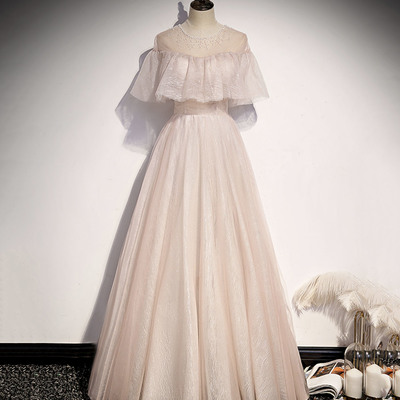 Pink tulle long prom dress a line evening gown - Thumbnail 2