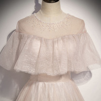 Pink tulle long prom dress A line evening gown - Thumbnail 1