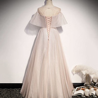 Pink tulle long prom dress A line evening gown - Thumbnail 3