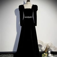 Black velvet long prom dress A line evening dress - Thumbnail 4