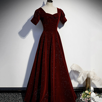 Burgundy velvet long prom dress aline evening dress