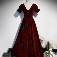 Burgundy velvet long prom dress Aline evening dress - Thumbnail 3