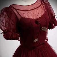 Burgundy tulle long prom dress two pieces evening dress - Thumbnail 1