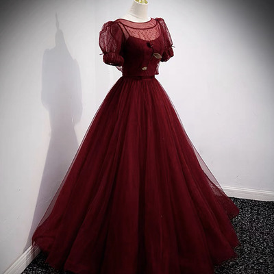 Burgundy tulle long prom dress two pieces evening dress - Thumbnail 2