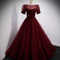 Burgundy tulle long prom dress two pieces evening dress - Thumbnail 2