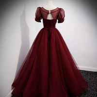Burgundy tulle long prom dress two pieces evening dress - Thumbnail 3
