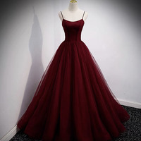 Burgundy tulle long prom dress two pieces evening dress - Thumbnail 4