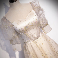 Champagne tulle sequins long prom dress A line evening gown - Thumbnail 1