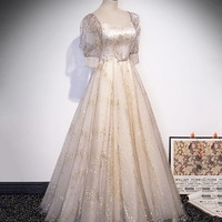 Champagne tulle sequins long prom dress A line evening gown - Thumbnail 2