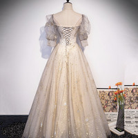 Champagne tulle sequins long prom dress A line evening gown - Thumbnail 3
