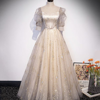 Champagne tulle sequins long prom dress A line evening gown - Thumbnail 5