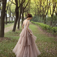 Stylish tulle beads long prom dress A line evening dress - Thumbnail 2