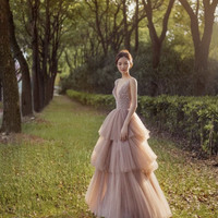 Stylish tulle beads long prom dress A line evening dress - Thumbnail 1