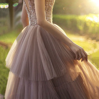 Stylish tulle beads long prom dress A line evening dress - Thumbnail 3