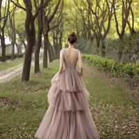 Stylish tulle beads long prom dress A line evening dress - Thumbnail 4
