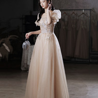 Champagne tulle lace long prom dress evening gown - Thumbnail 2