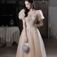 Champagne tulle lace long prom dress evening gown - Thumbnail 3
