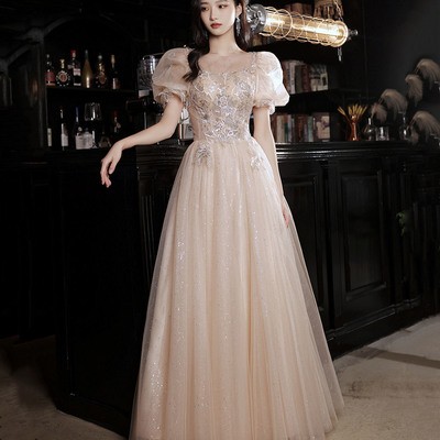 Champagne tulle lace long prom dress evening gown - Thumbnail 3