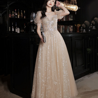 Champagne tulle sequins long prom dress evening dress - Thumbnail 2