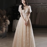 Champagne tulle sequins long prom dress evening dress - Thumbnail 2