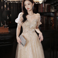 Champagne tulle sequins long prom dress evening dress - Thumbnail 4
