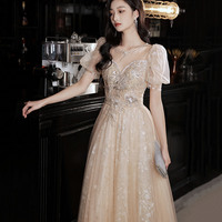 Champagne tulle sequins long prom dress evening dress - Thumbnail 5