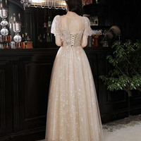 Champagne tulle sequins long prom dress evening dress - Thumbnail 6